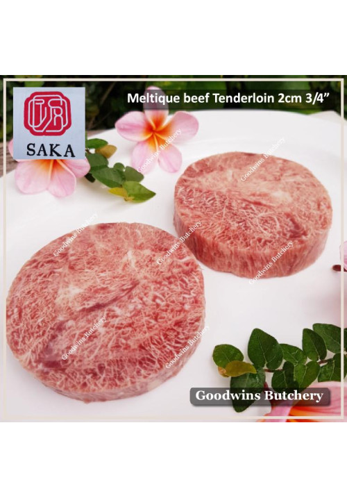 Beef Tenderloin Australia MELTIQUE meltik wagyu alike frozen brand SAKA diameter +/- 4" steak cuts 2cm 3/4" price/pack 400gr 2pcs (eye fillet mignon daging sapi has dalam)